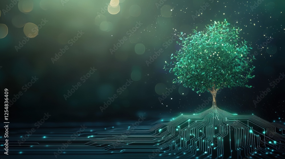 Poster innovation tree growing from circuit futuristic design of a green tree blending into a digital circu