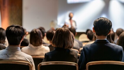 ビジネスセミナーでの講演を聴く参加者たちの後ろ姿 - プロフェッショナルな学びの場