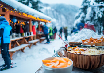 winter sports and ski hut with food and drinks, winter vacation, fun, apres ski