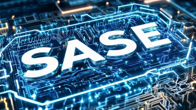 Intricate digital network design showcases the secure access service edge concept. Bright blue elements illuminate a tech landscape, emphasizing security and connectivity in modern infrastructure.