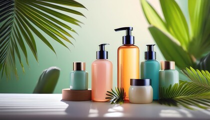 A serene arrangement of skincare products surrounded by lush green leaves, highlighting natural beauty and wellness.