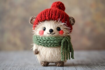Fototapeta premium Adorable tiny brown hedgehog in a red beanie & green scarf, smiling sweetly. Hand-embroidered plush style on a solid background, perfect for festive designs
