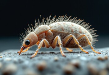 A tiny insect, such as a mite or a dust mite, crawling on a surface