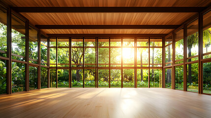 Modern Glass House Interior With Sunlight and Lush Greenery
