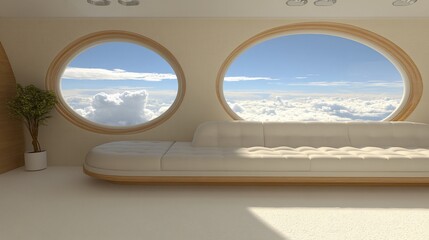 Fototapeta premium Futuristic interior lounge, cloud views, modern design, aerial perspective