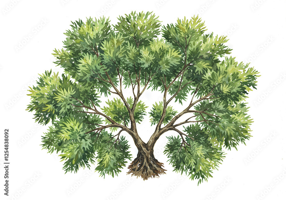 Poster watercolor tree or forest side view isolated on white background for landscape and architecture draw