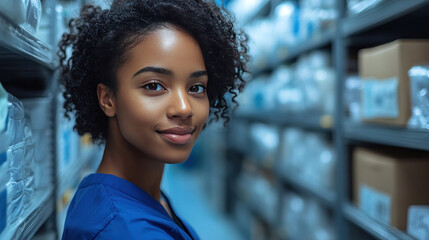 Nurse organizing medical supplies in a clean and well-lit storage area