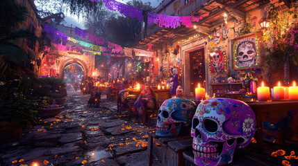 Colorful Day of the Dead celebration in a vibrant street adorned with decorations and candles