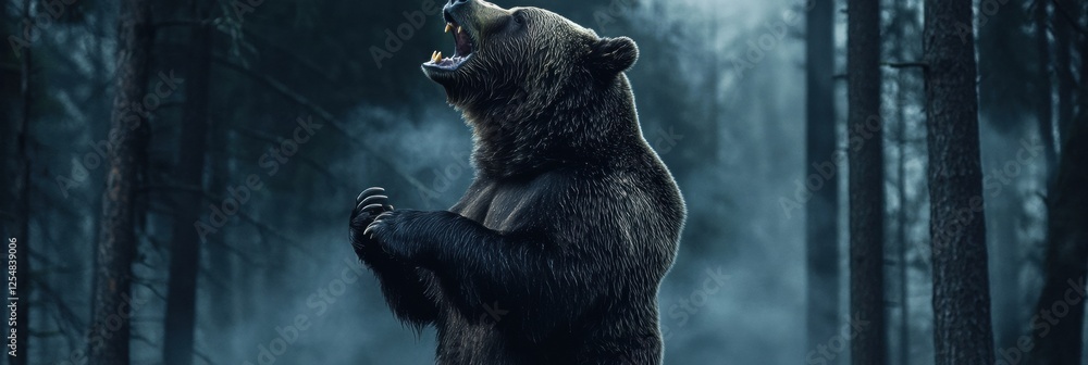 Poster grizzly bear standing in the forest during twilight with a fierce roar echoing through the trees. ge
