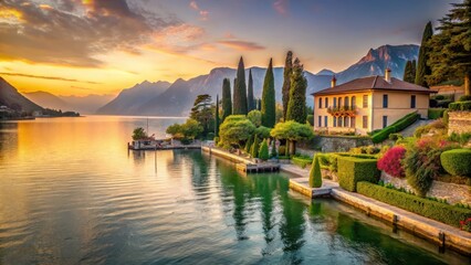 Obraz premium Serene lake scene with villa and gardens on Riva town , Lake Garda Italy, Sunset, Lake Garda Italy, Sunset