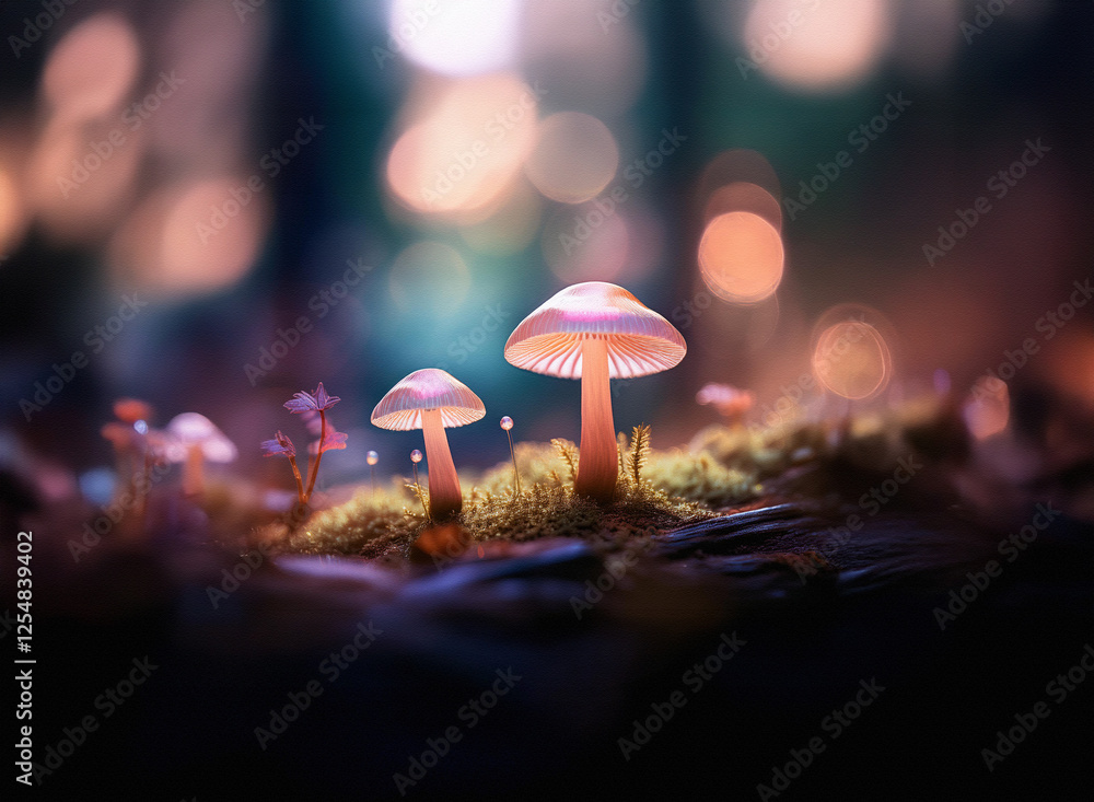 Poster whimsical mushrooms glow softly in a forest with a bokeh background. magical nature scene with moss 