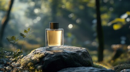 product photography of perfume. a perfume bottle with nature forest fragrance