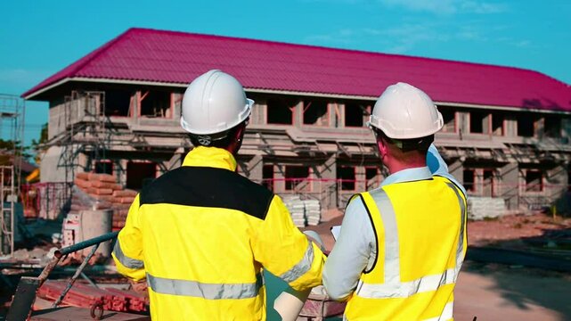 Engineers and architects are inspecting the building structure to ensure it is safe and complies with design.