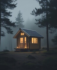 A small wooden house nestled in a foggy pine forest, glowing with warmth and inviting feelings of nostalgia, peace, and magical solitude

