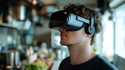 Young man engages with virtual reality headset in modern cafe setting
