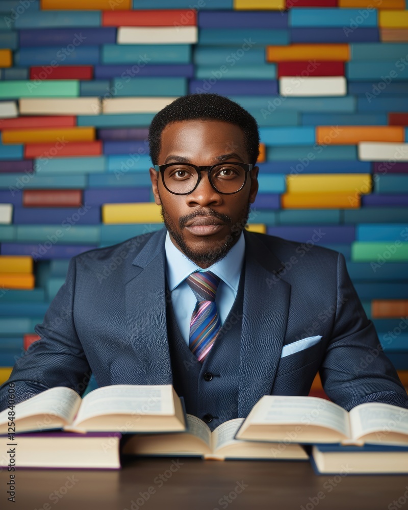 Poster a well-dressed man sits at a table with open books, set against a colorful bookshelf backdrop, exudi