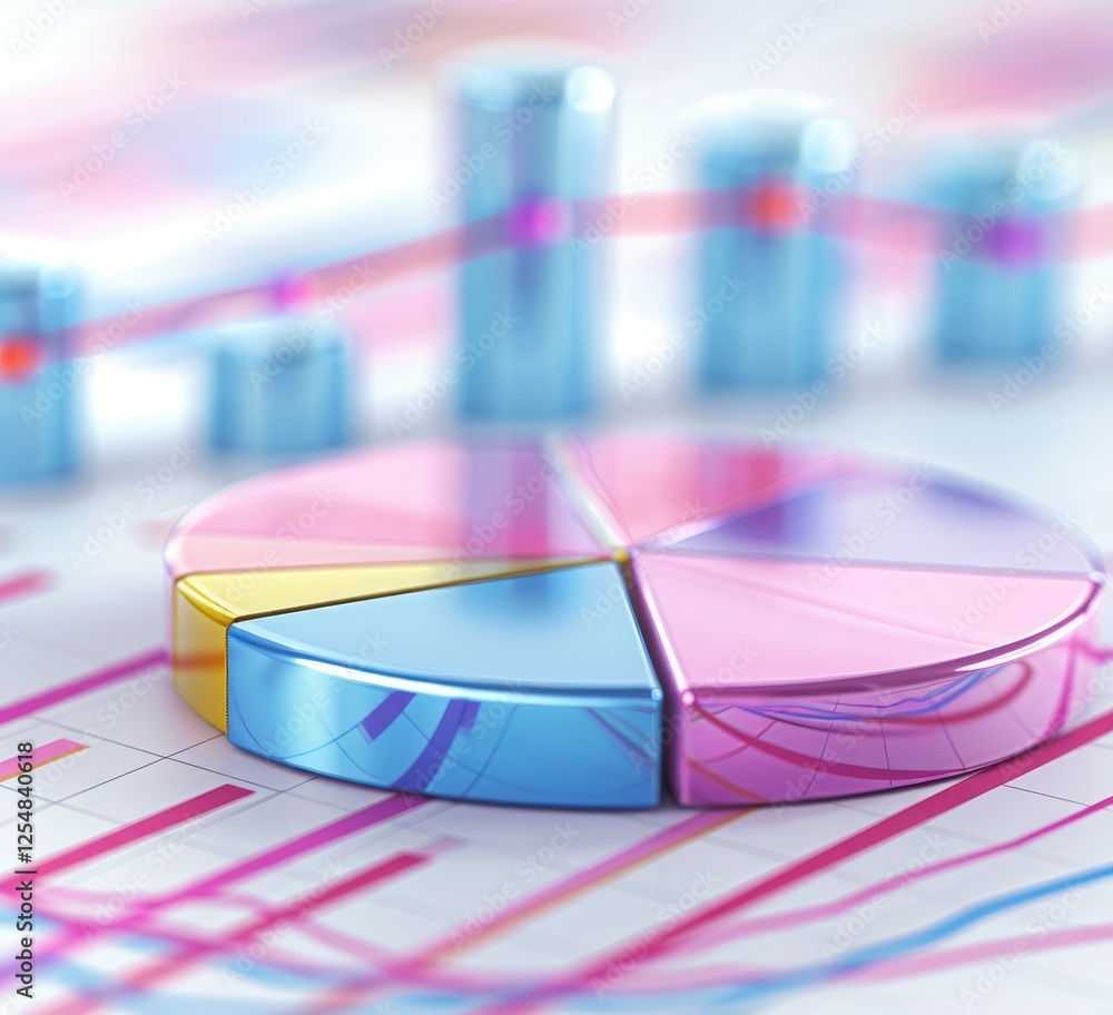 Poster a colorful pie chart with 3d elements and line graphs in the background, representing data analysis 