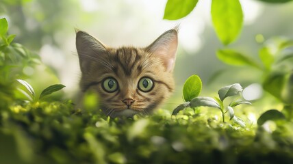 Curious Kitten Explores a Lush Green Garden