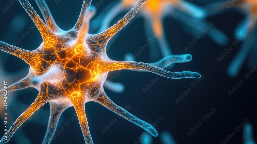 Poster ocean health microscopic concept. close-up view of a glowing neuron with intricate neural connection