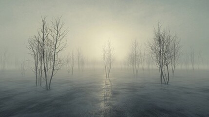 Fototapeta premium Misty Winter Landscape: A Surreal Scene of Bare Trees and Fog