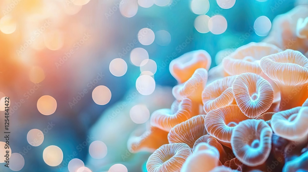 Poster ocean health microscopic concept. close-up of colorful coral with soft bokeh background underwater.