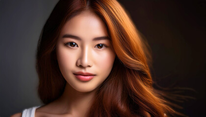 Fototapeta premium portrait of a young woman with radiant auburn hair, deep brown eyes, and fair skin. Her smooth complexion and natural makeup enhance her delicate facial features, fashion, skincare, and lifestyle