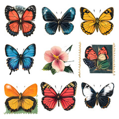 Vintage Butterfly & Flower Postage Stamps Set, Isolated on White Background