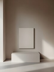A minimalistic art space with a blank white canvas framed in thin black on a neutral background.