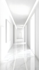 Obraz premium A minimalistic white-and-gray marble hallway with a single white frame near an elevator.