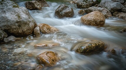 Smooth river rocks flowing water nature background