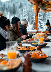 winter sports and ski hut with food and drinks, winter vacation, fun, apres ski