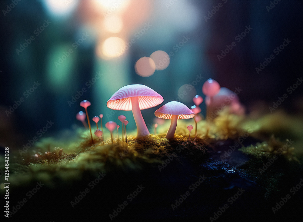 Poster two pink mushrooms glow softly in a magical forest scene. bokeh lights in the background create a dr