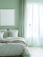 A mint green bedroom with sheer curtains, soft lighting, and a blank white frame.