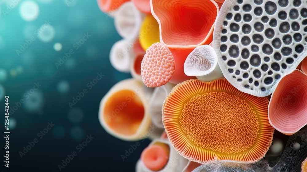 Poster climate impact microscopic idea. colorful microscopic organisms showcase intricate cellular structur
