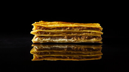 Delicious layers of flaky pastry with rich filling displayed on a reflective surface