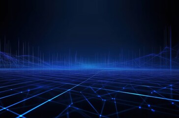 Dynamic Blue Digital Landscape with Futuristic Grid Lines Underneath a Dark Sky