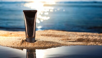 Fototapeta premium A sunlit beach scene featuring a cosmetic tube resting on golden sand, reflecting the shimmering ocean waves in the background.