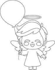 Outlined Cute Baby Angel Boy Cartoon Character Holding Up A Balloon