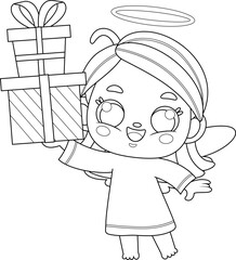 Outlined Cute Baby Angel Girl Cartoon Character Holding Gift Boxes