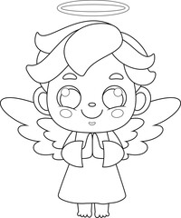 Outlined Cute Baby Angel Boy Cartoon Character Praying. Hand Drawn Illustration