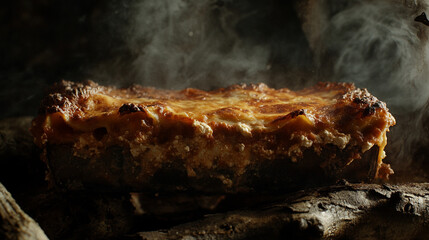 Delicious lasagna cooking over an open fire in a rustic outdoor setting at sunset