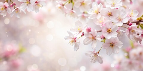 Fototapeta premium Blooming cherry blossoms on a soft white paper background with subtle texture, delicate petals and gentle hues of pink and white , paper background, flower arrangement