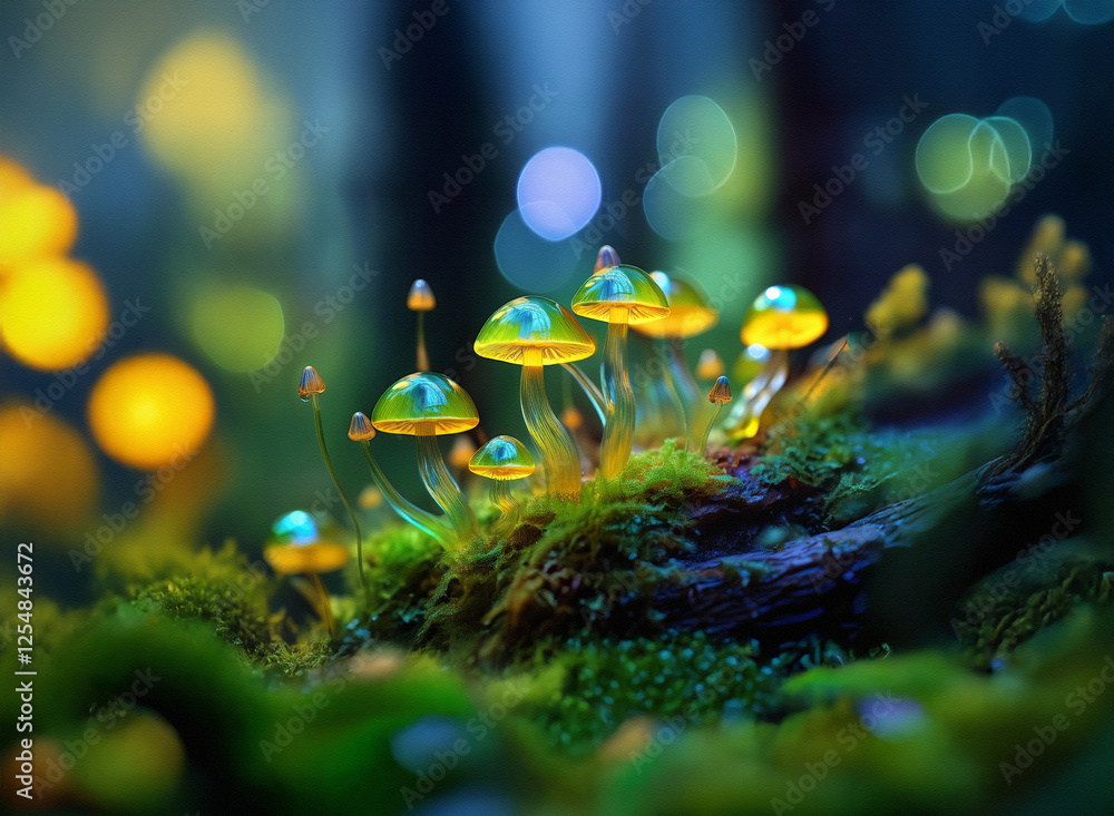 Poster glowing mushrooms sprout on moss in a magical forest. soft bokeh lights in the background add to the