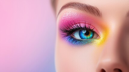 Rainbow Eye Makeup Art Intricate rainbow eyeshadow art blending vivid hues with a touch of sparkle, emphasizing the beauty of multicolored creative makeup.