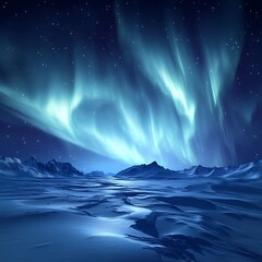 Fototapeta premium Aurora Borealis Above Snowy Arctic Landscape at Night