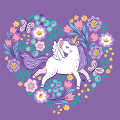 Hand drawn vector frame in the shape of a heart. Cute unicorn among fantasy flowers on purple background. Bright illustration in pastel colors for design of nursery, clothes, children's room, poster