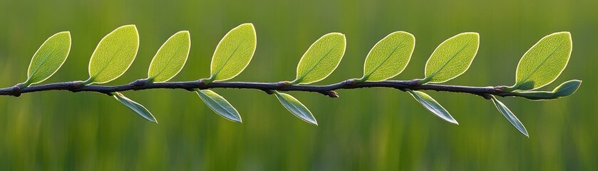 Spring branch, green leaves, blurred background, nature growth