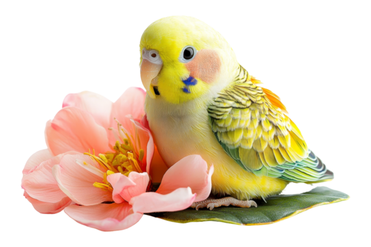 Cute parakeet with tropical flower studio close-up