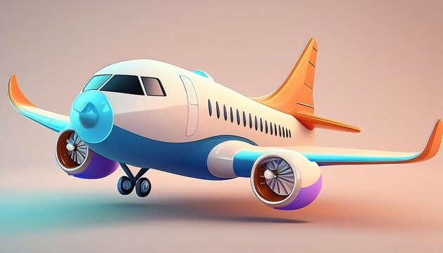 Flying plane icon. Cute, cartoon 3d realistic white airplane with blue portholes and wings, perspective view