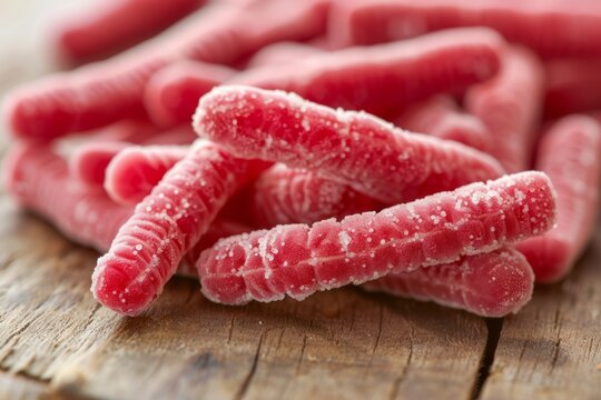 Close-up of sugar-coated red candy pieces resembling bacteria shapes on wood.